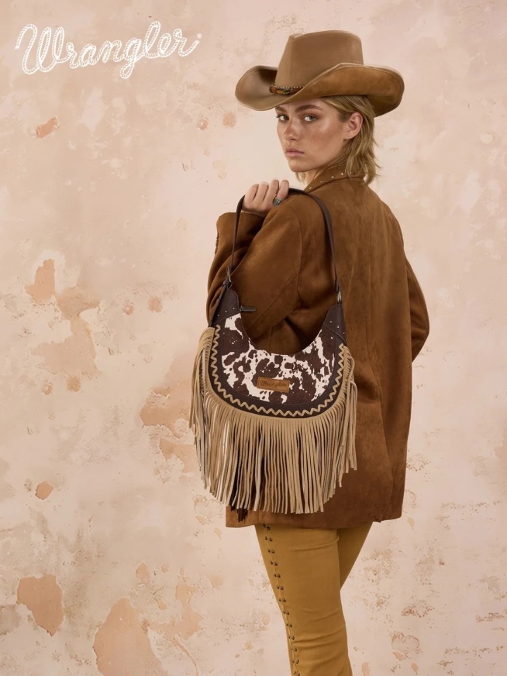Wrangler Cow Print Fringe Shoulder Hobo Bag Coffee